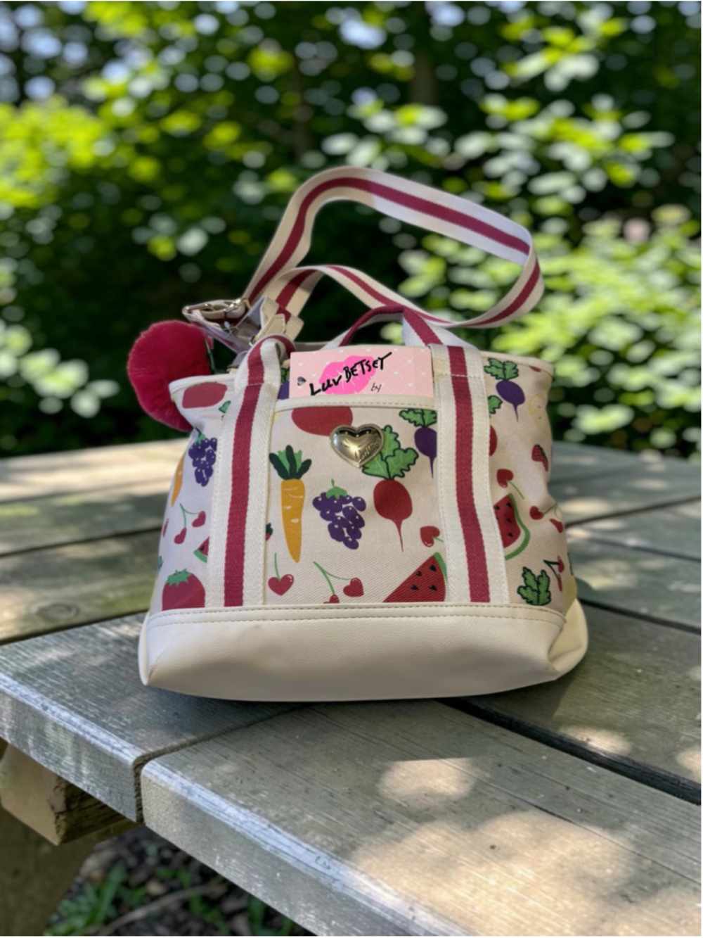 Women's Luv Betsey Fruit Print Tote Bag, One Size, Beige and Red